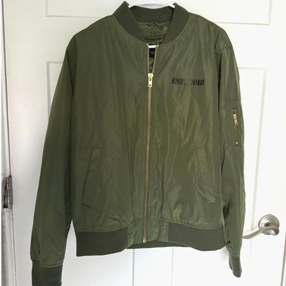 Olive Green Bomber Jacket Size Small S Full Zip Flight Style Utility Pocket Gold